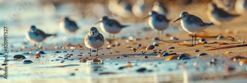 Group of sandpipers foraging on a beach bathed in golden sunlight. photo