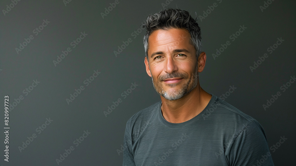 portrait of a man in his forties wearing a gray shirt with a dark gray background