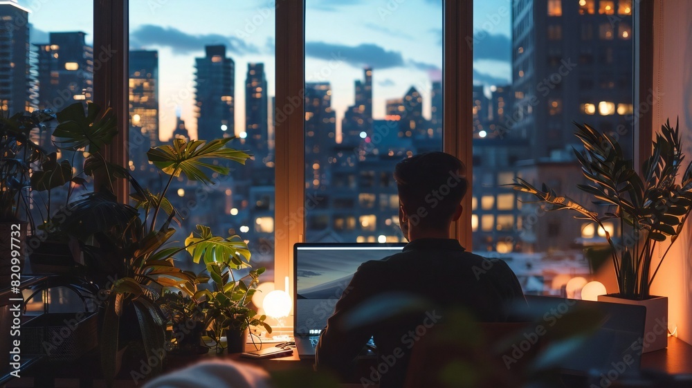 Obraz premium Remote Work at Night with Cityscape View and Indoor Plants, Illuminated Workspace