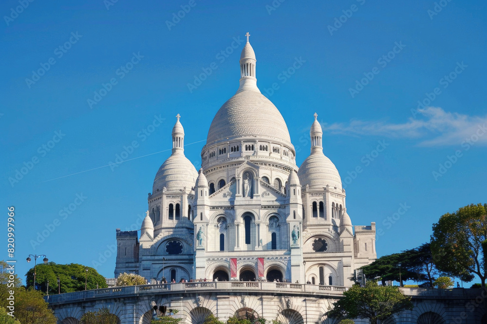 The white domes of Sacre-Coeur Basilica stand out against a clear blue sky on Montmartre