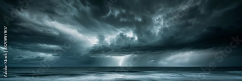 Stormy ocean scene with dark clouds and intense lightning illuminating the sky.