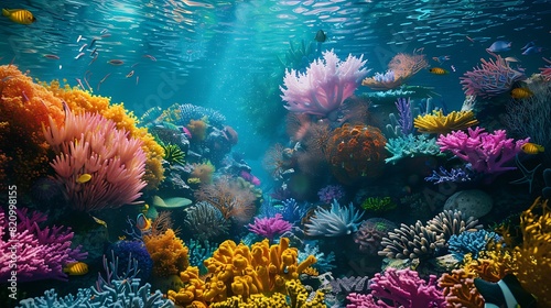 Intricate cluster of coral reefs teeming with colorful marine life, creating a vibrant underwater ecosystem. © Khan