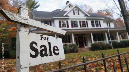 House with sign "For Sale" in front of a house in a suburban setting