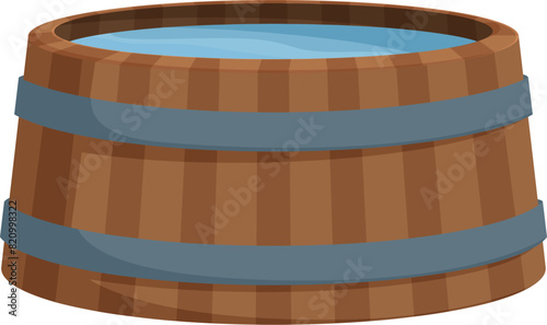 Detailed illustration of a classic wooden barrel filled with water on a white background