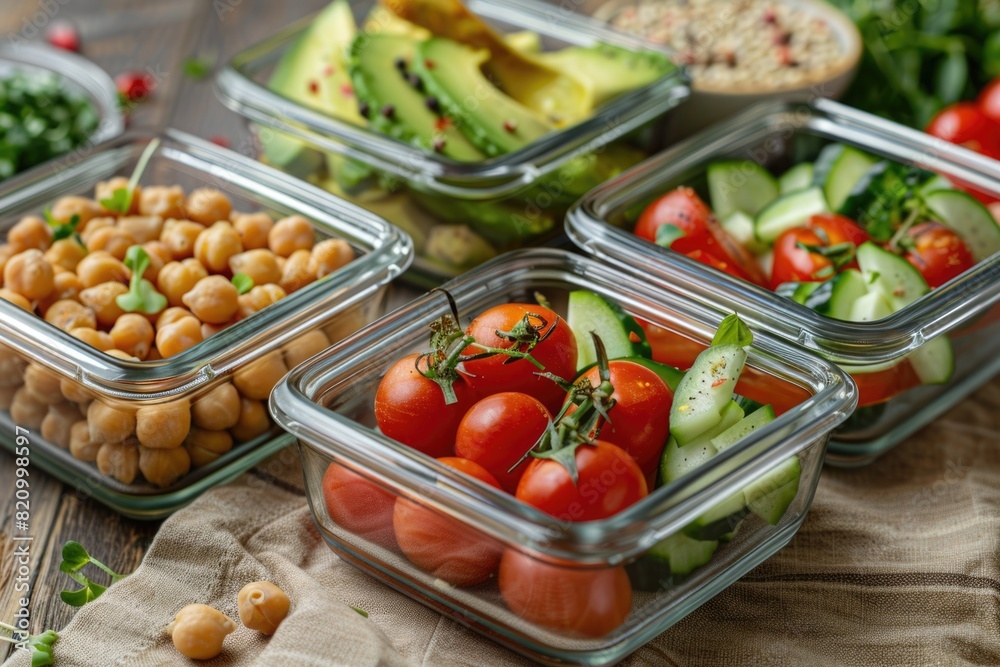 Glass food storage containers with healthy ingredients - chickpeas, avocado and tomato on a wooden table