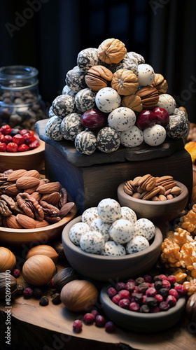 Assortment of nuts, dried fruits and chocolate-covered nuts.