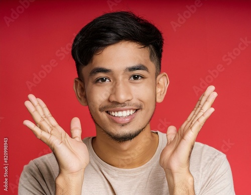 A men with 25 years old looking at the camera with excited facial expression in front of the red background photo