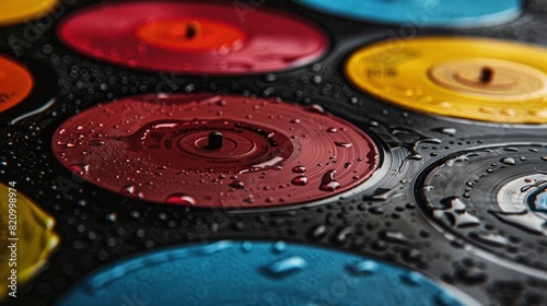 Eye-catching vinyl records in various colors with water droplets  close-up  isolated background  studio lighting for crisp advertising detail