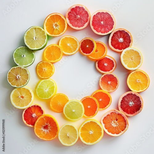 Citrus fruit slices arrange in circle - including oranges  lemons  limes  and grapefruits - on a pristine white surface. 