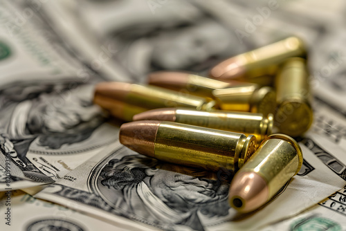 Bullets on dollar bills close-up