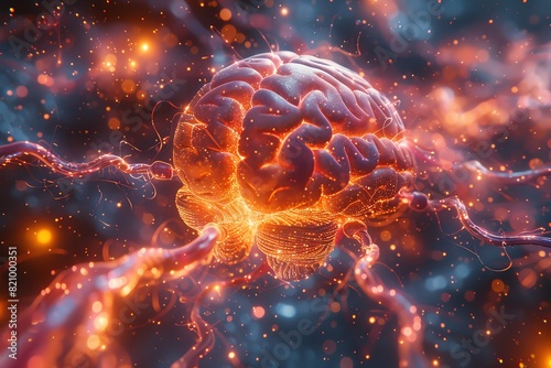 Glowing human brain with neural pathways and sparks, representing intelligence and creativity.