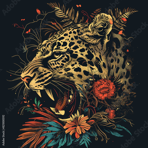 A painting of a jaguar with flowers and leaves surrounding it. The painting has a vibrant and lively feel to it, with the colors and details of the flowers