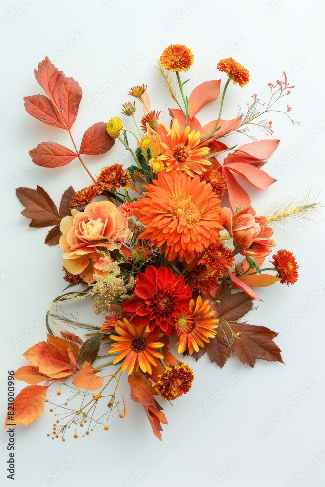 Small bouquet with orange and red flowers on white background