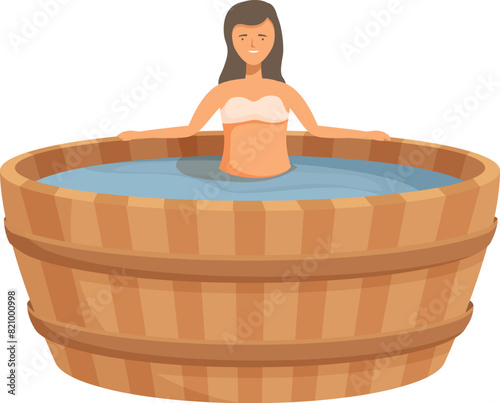 Serene illustration of a woman enjoying a soak in a rustic wooden hot tub