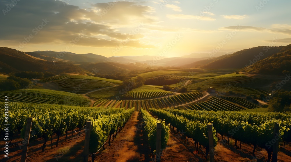 A picturesque vineyard nestled in a valley, rows of lush grapevines stretching towards the horizon against a backdrop of rolling hills.