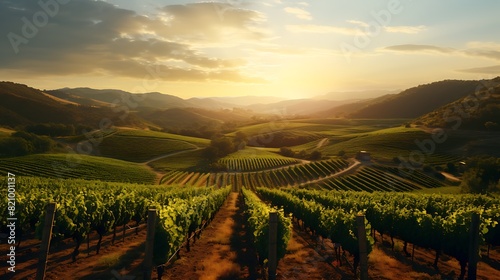 A picturesque vineyard nestled in a valley  rows of lush grapevines stretching towards the horizon against a backdrop of rolling hills.