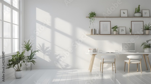 A clean white wall with two desks and chairs, creating an inviting home office space for remote work or study. providing room decoration ideas for spaces.
