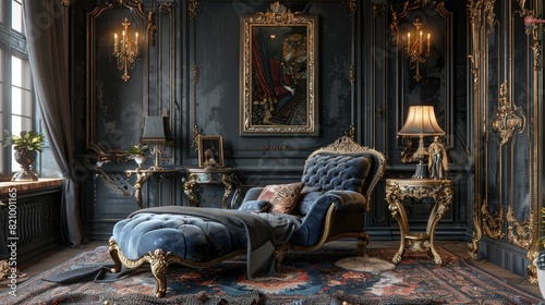an English old-style living room, adorned with dark black hues, featuring a luxurious chaise longue and a gold small table adorned with blue and red decorations, while a gleaming gold lamp stands.