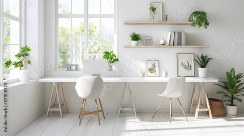 A clean white wall with two desks and chairs  creating an inviting home office space for remote work or study. providing room decoration ideas for spaces. 