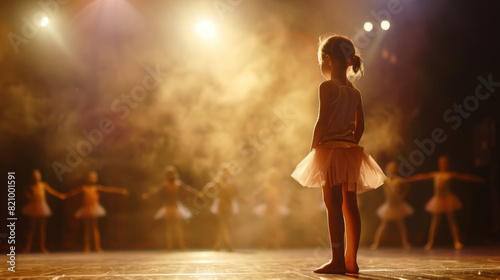 A young girl dressed in a dance costume stands on a stage, a single spotlight illuminating her The blurred image of other dancers fills the background, representing the joy of perf photo