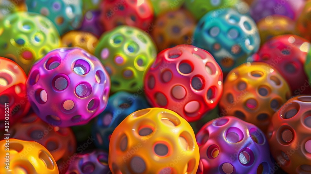 Envision an eye-catching display of pickleball multicolored sports balls, meticulously rendered in a close-up 3D rendering. 
