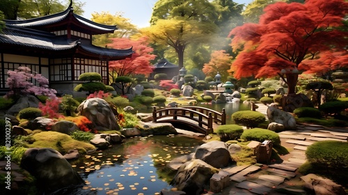 A serene Japanese garden with a tranquil pond  stone lanterns  and meticulously pruned bonsai trees  surrounded by colorful foliage.