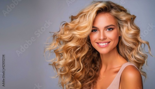 Beautiful woman with long, blonde curly hair, wearing a beige top, smiling radiantly against a simple, light background with ample copy space.