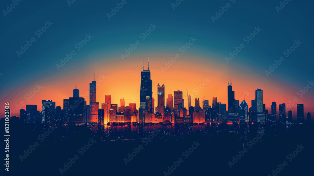 A city skyline at sunset with a large building in the foreground