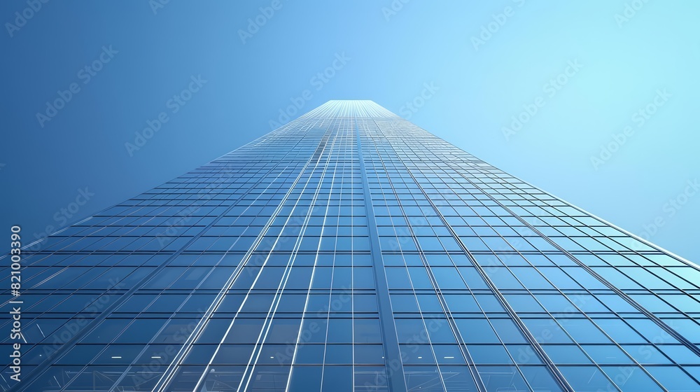 An eye-level perspective capturing the calming elegance of a sleek, modern skyscraper against a clear blue sky, depicted in a digital minimalist style An eye-level perspective capturing the calming elegance of a sleek, modern skyscraper against a clear blue sky, depicted in a digital minimalist style