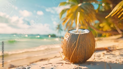A fresh coconut drink with a straw sits on a sandy tropical beach, surrounded by palm trees and the ocean under a bright, sunny sky.