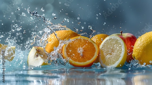 A dynamic photo shows lemons and oranges being washed by water  splashing in the air against a blue background. 