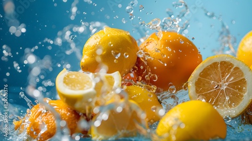 A dynamic photo shows lemons and oranges being washed by water  splashing in the air against a blue background. 