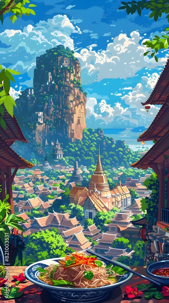 Obraz premium Vibrant Pad Thai in Pixel Art Style with Ancient Ayutthaya Temples in Background