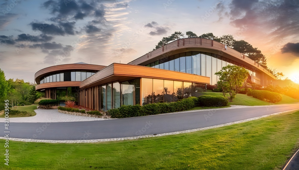 Fototapeta premium Modern and futuristic building at sunset