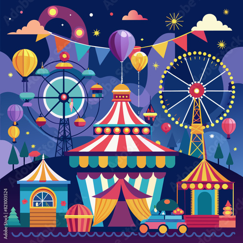 Vivid carnival and fair scenes with festive lights for event and entertainment content.