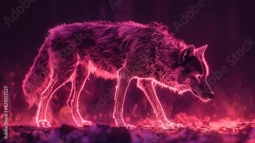 A Hot Magenta glow Wild Wolf silhouette in a nightscape, bold outline, energycharged luminous pointillism, wireframe, tenebrism mastery style, UHD 8k, Unreal Engine 5 photo