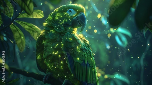 A Lime Green glow Hyacinth Macaw silhouette in a nightscape, bold outline, energycharged luminous pointillism, wireframe, tenebrism mastery style, UHD 8k, Unreal Engine 5 photo