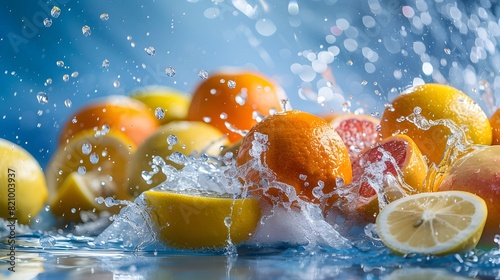 A dynamic photo shows lemons and oranges being washed by water  splashing in the air against a blue background. 