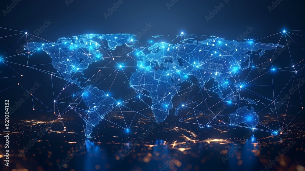 Abstract digital art piece showcasing a global network, with a map of the world illuminated by interconnected nodes and lines. Vibrant color palette of blue and orange. Abstract digital art piece showcasing a global network, with a map of the world illuminated by interconnected nodes and lines. Vibrant color palette of blue and orange.
