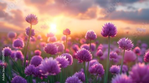 A field of purple chives in the foreground  with the sun setting behind them. emphasize the flowers and sky.  