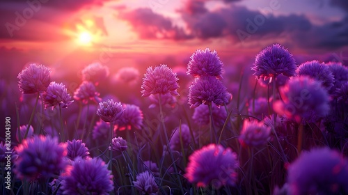 A field of purple chives in the foreground, with the sun setting behind them. emphasize the flowers and sky. 
 photo