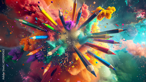 Explosion de crayons colorés avec nuages et confettis photo