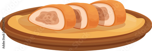 Illustration of delicious sushi rolls with rice and fish on a circular wooden serving tray
