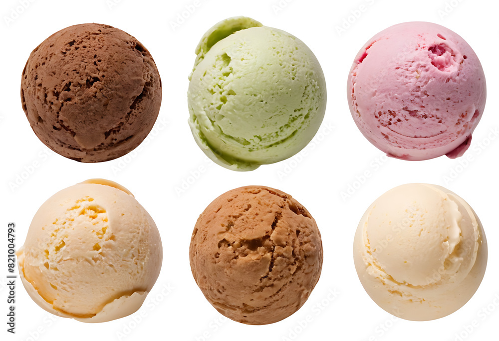 Six scoops of ice cream in various flavors, including strawberry, chocolate, coffee, chocolate chip, butter pecan, and vanilla Six scoops of ice cream in various flavors, including strawberry, chocolate, coffee, chocolate chip, butter pecan, and vanilla