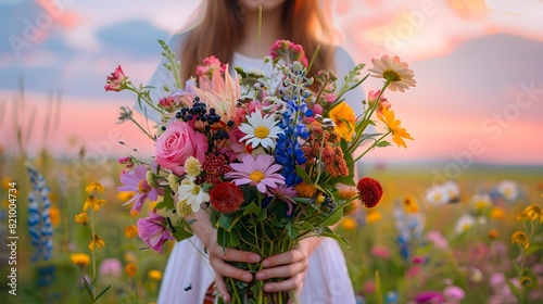 A girl holding wildflowers in her hands, creating an enchanting and colorful bouquet of various flowers such as daisies, lilies, roses, bluebells, pink blossoms.
