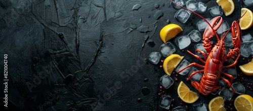 lobster laying on ice and lemon slices black background photo