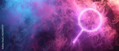 Neon magnifying glass on a vibrant smoky background. Abstract digital art for technology  science  or research themes.