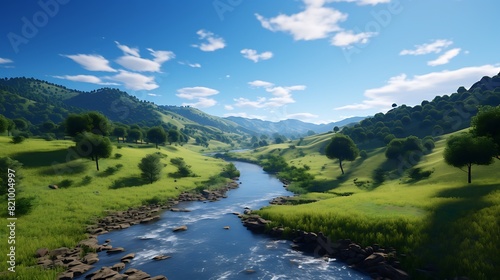 A tranquil river winding through a lush green valley, with rolling hills and dense forest stretching into the distance under a clear blue sky.