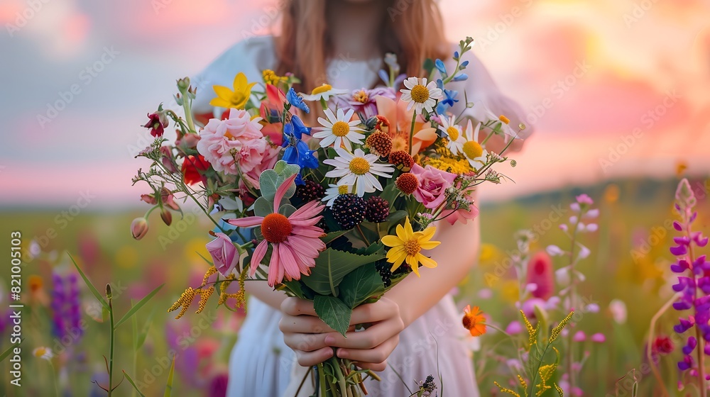 custom made wallpaper toronto digitalA girl holding wildflowers in her hands, creating an enchanting and colorful bouquet of various flowers such as daisies, lilies, roses, bluebells, pink blossoms.
