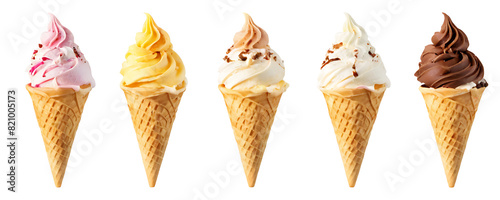 Five colorful soft-serve ice cream cones in waffle cones, featuring flavors like bubblegum, mango, cotton candy, strawberry, and chocolate